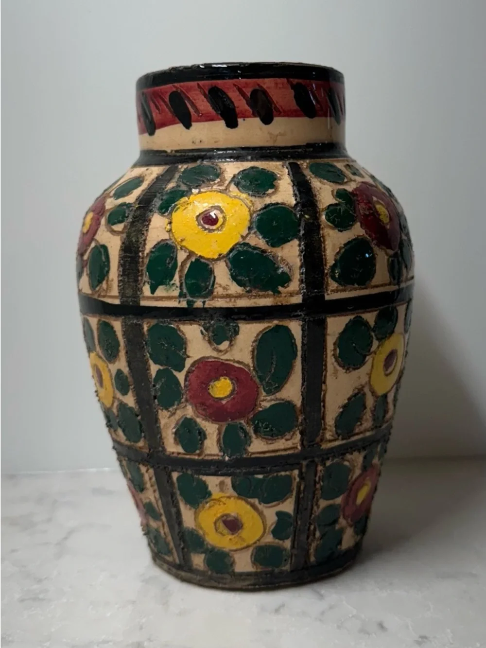 Hand-Painted Italian Floral Ceramic Vase in Yellow, Green & Red